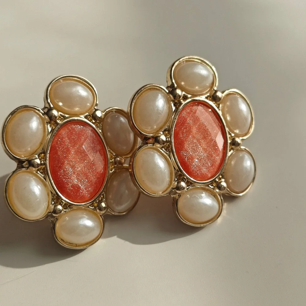 Floral Stud Earrings Gold Tone Coral Resin Faux Pearl Cabochon Statement Retro